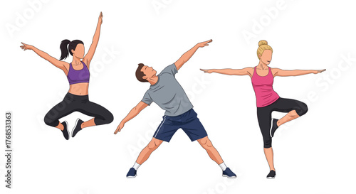 People exercising and stretching A diverse group of individuals in various poses, promoting wellness