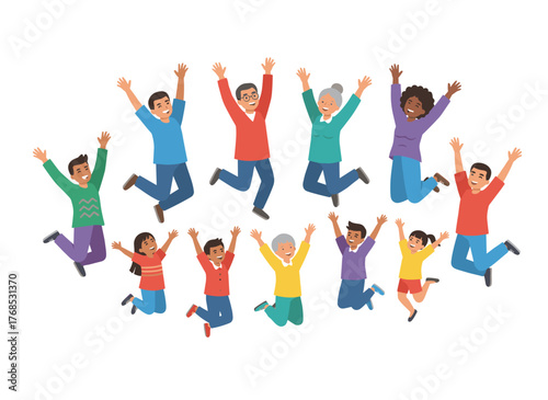 Joyful kids leap with arms up, showing energetic pre‑teen and teenage movement, while classmates enjoy play in a flat vector cartoon isolated on white
