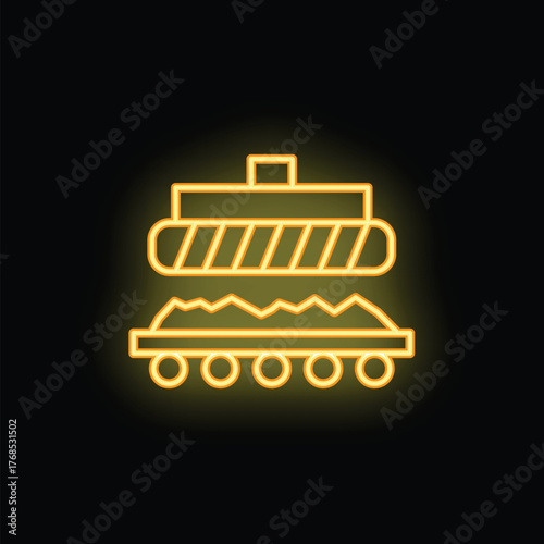 Yellow neon icon of industrial electromagnet lifting scrap metal from conveyor belt