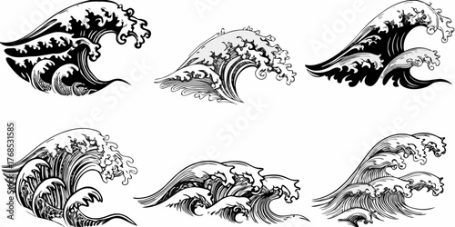Six stylized wave illustrations in black and white depicting ocean waves and water patterns in art
