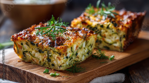 Delicious zucchini slice served on wooden board, showcasing rustic kitchen atmosphere with fresh herbs enhancing presentation