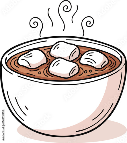 Delicious hot chocolate with marshmallows in a white bowl warm and cozy.