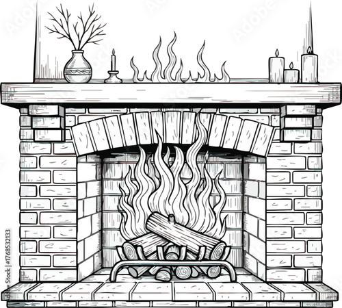 Hand drawn sketch of a cozy brick fireplace with burning logs.