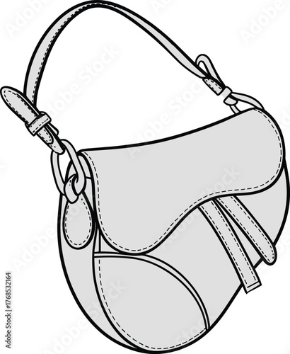 Handbag technical sketch, saddle shape with flap closure and straps, leather accessory design template, detailed stitching, cad drawing flat vector illustration