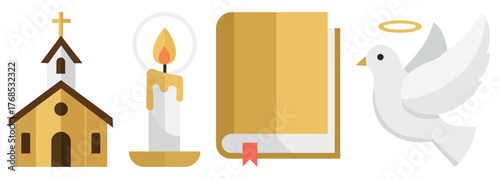 Collection of religious symbols including a church steeple lit candle open book and a dove with a halo