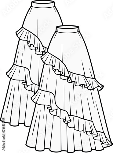 Long skirt fashion sketch, high-waist design with diagonal ruffle, pleated volume detail, cad drawing flat vector illustration, elegant garment style