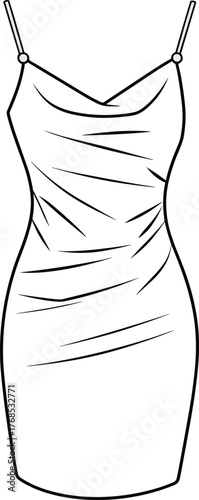 Ruched spaghetti strap dress with V-neckline, fitted silhouette, gathered bodice and skirt, fashion sketch, stylish garment, flat vector illustration