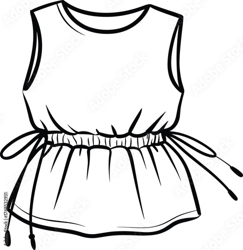Sleeveless top fashion sketch, round neckline with side drawstring waist, curved hem casual blouse, cad drawing flat vector illustration