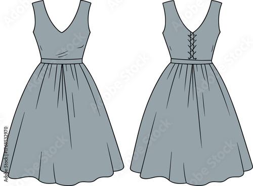 Sleeveless V-neck dress with lace-up back, flared skirt, fitted bodice, elegant fashion illustration, formal wear, flat vector sketch