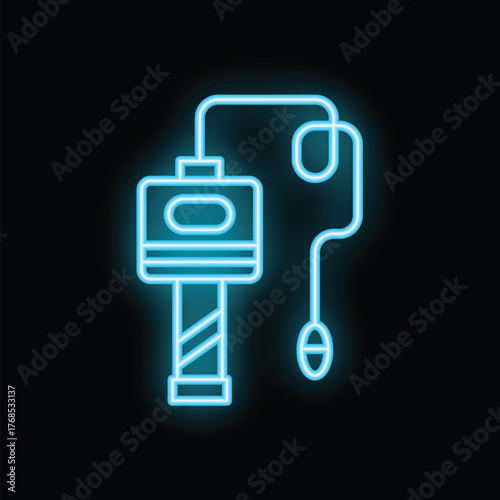 Blue neon icon of a tonometer measuring intraocular pressure glowing on a dark background