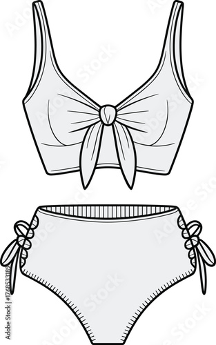 Two-piece swimsuit technical sketch, knotted bikini top with wide straps, high-waisted bottoms with side ties, cad drawing flat vector illustration