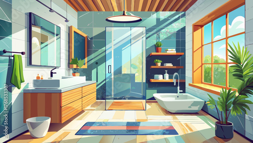 Vector illustration of modern bathroom with natural daylight, glass shower, marble walls, wooden accents, clean bright interior, contemporary design, calm atmosphere