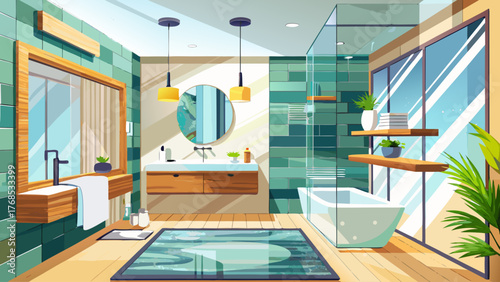 Vector illustration of modern bathroom with natural daylight, glass shower, marble walls, wooden accents, clean bright interior, contemporary design, calm atmosphere
