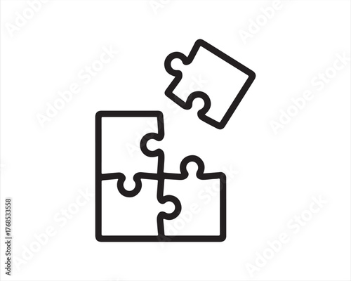 Simple line art illustration of puzzle pieces, with one piece about to connect to the main group