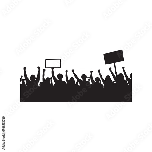 Illustration of silhouette of a crowd of people protesting with signs, expressing dissent and demanding change