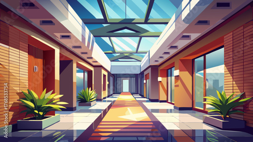 Realistic vector of modern hallway with skylight, natural sunlight, minimal architecture, clean design, neutral tones, soft shadows, bright calm atmosphere