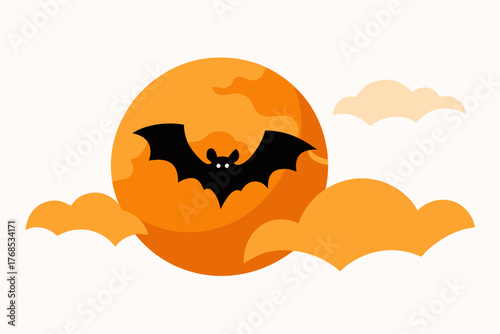 Spooky Bat Silhouette Against Full Orange Moon and Clouds