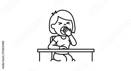 Tired young girl yawning widely while sitting at a desk, feeling sleepy and fatigued