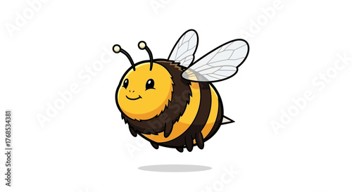 A cute cartoon bee flying happily near a yellow flower, making some sweet honey