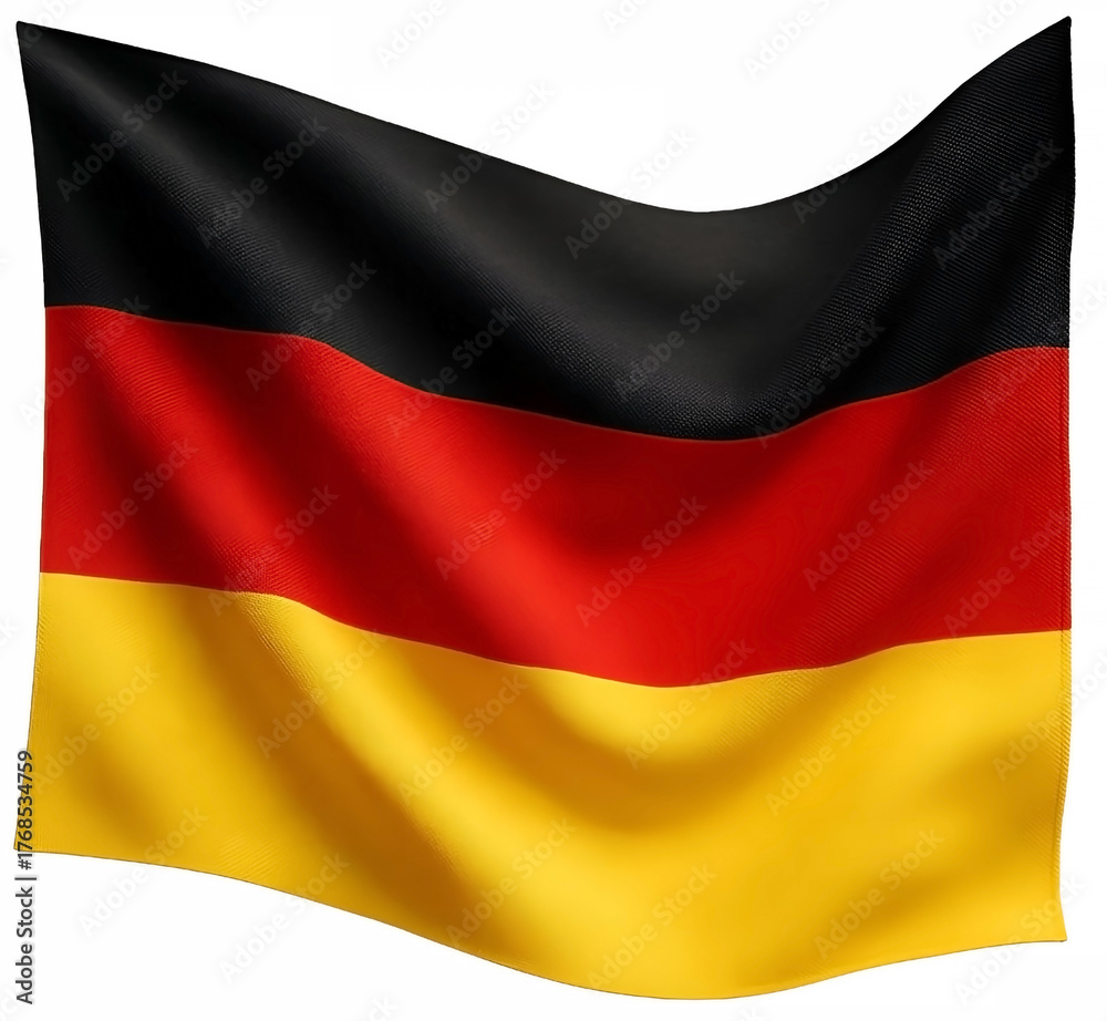Naklejka premium Federal Republic of Germany Official State Symbol. National Flag of German Waving In The Wind Against The Blue Sky Image. Close Up On Blowing Sign. Flagpole Illustration. Close-Up Of The Surface