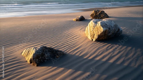 Fototapeta Naklejka Na Ścianę i Meble -  Sand dunes shaped by gentle winds beside unmovable rocks, symbolizing strength through softness, minimalist nature art, 
