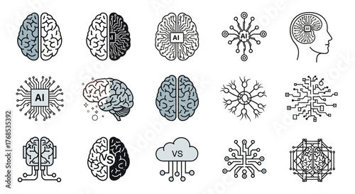 Illustrative Brain and AI Neural Network Icon Collection