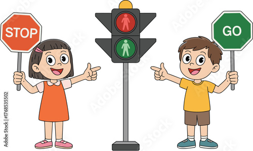 Children, traffic light, stop sign, go sign, pedestrian signal, road safety, cartoon illustration, kids learning, colorful design, street rules