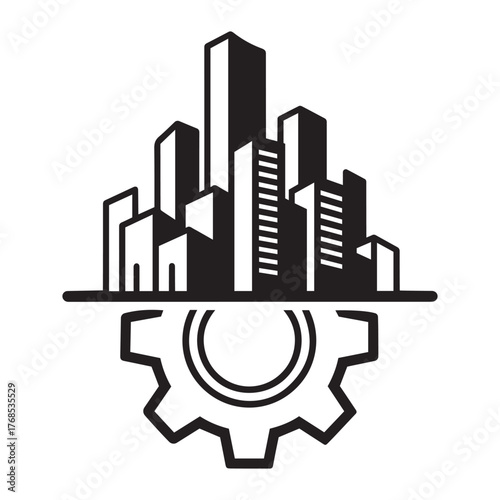 City skyline above a gear, symbolizing industry and urban development