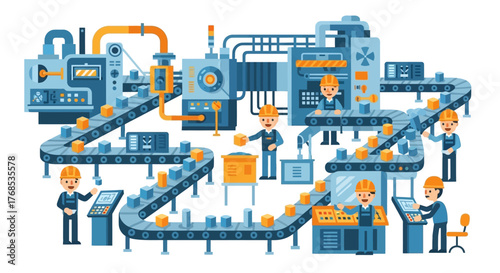 Automated industrial plant workflow with factory workers controlling the manufacturing process on a conveyor production line system