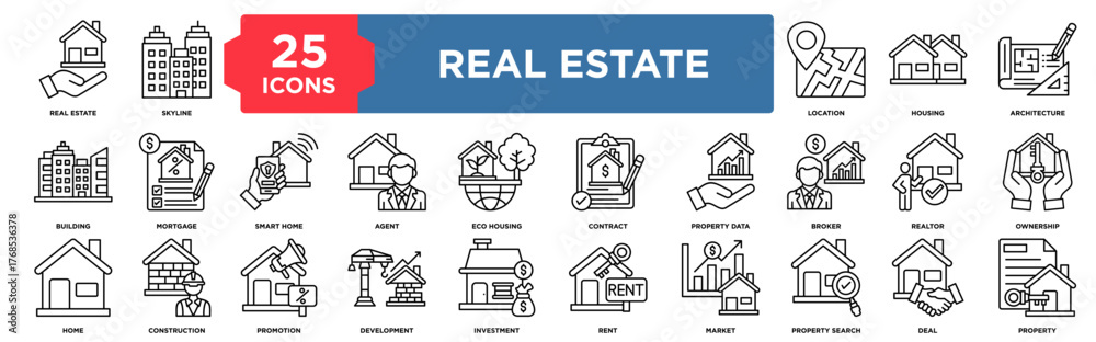 Obraz premium 25 Line icons illustrating Real Estate property,agent, eco housing, contract,home, construction, rent, location