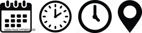 Black Vector Icons: Date, Time, Calendar, Clock, and Location Pin Symbols Set.