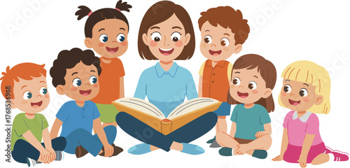 Children sitting in circle, teacher reading book, storytelling time, colorful clothes, happy kids, learning session, preschool education, classroom interaction