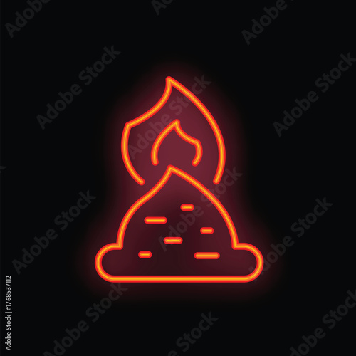 Neon sign of burning pile of shit poop excrement on black background