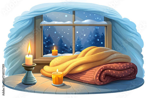 Warm knitted blanket and candle placed near window with soft snowfall outside symbolizing cozy winter evenings and home comfort.