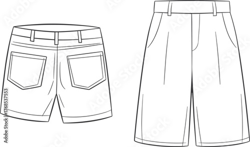 Front and back technical flat sketch of shorts, fashion design template, vector illustration, casual wear, apparel pattern, clothing design reference