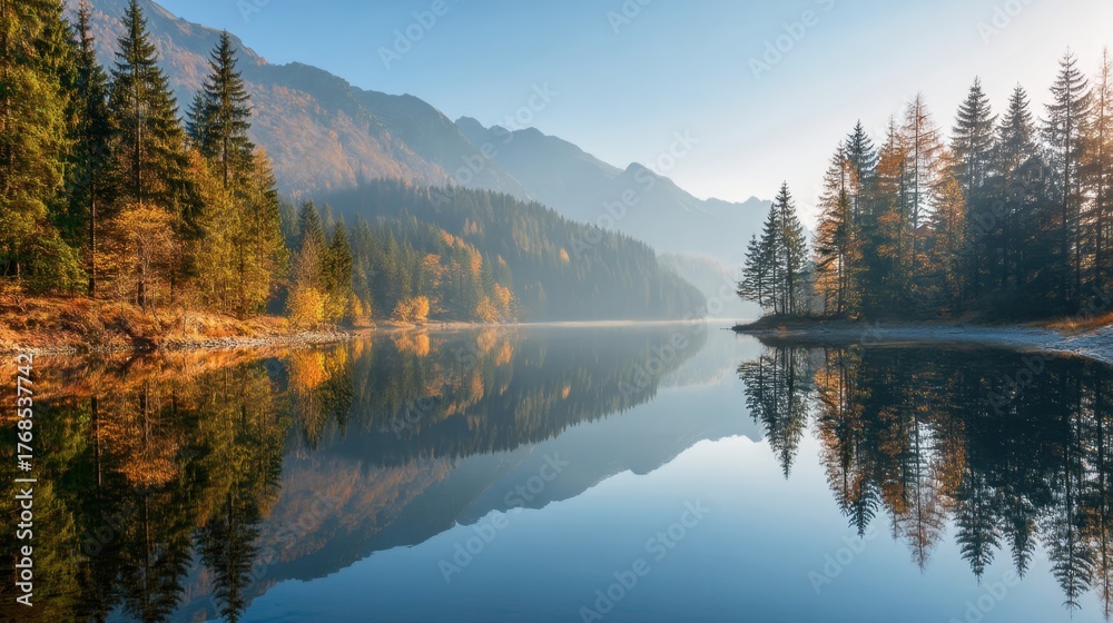 Fototapeta premium Clear lake reflecting mountains and autumn forest on misty morning. Scenic outdoor nature landscape. Peaceful wilderness for travel.