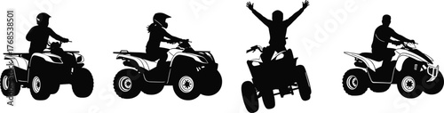 ATV rider silhouette, all-terrain vehicle vector, motorsport action, outdoor adventure, black illustration, dynamic pose, off-road scene, helmet gear