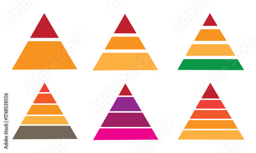 “Colorful Hierarchical Pyramids Set  Multilevel Triangular Infographics Representing Structure, Stages, or Process Levels in Bright Modern Design”
