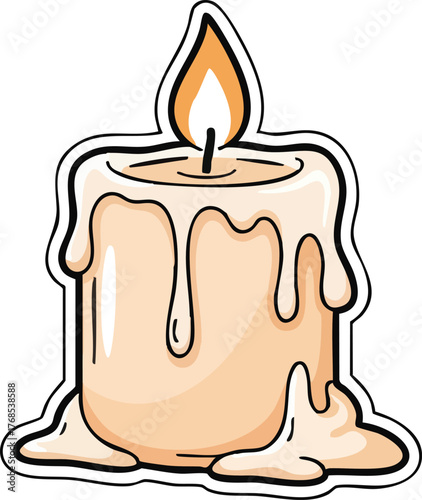 Stylized cartoon sticker of a burning candle with melting wax.