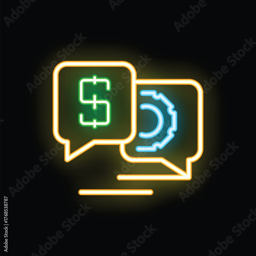 Neon icon with two speech bubbles showing a dollar sign and a gear, representing online business strategy discussion