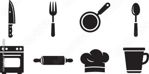 Collection of black and white silhouette vector icons representing kitchen utensils and cooking equipment for culinary use