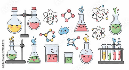 Delightful cartoon chemistry lab equipment set with cute smiling faces. Playful science illustrations featuring beakers, test tubes, flasks, atoms, and molecules for educational fun designs