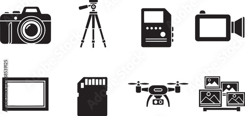 Collection of photography and videography equipment icons including camera tripod drone and memory card