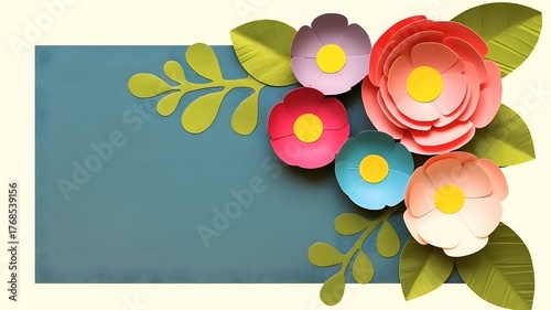 Paper flowers and leaves adorn a teal rectangle on a cream background