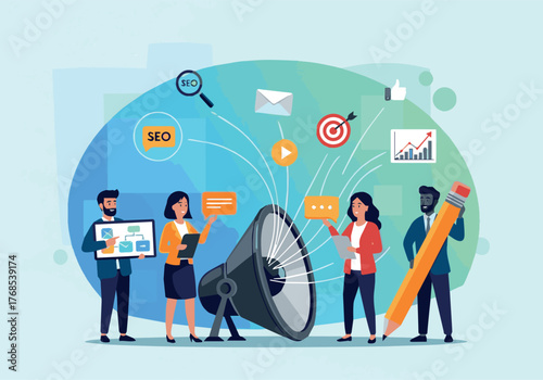 Need Content marketing. Characters standing near loudspeaker and planning successfully marketing strategy. Digital business concept. Vector illustration.