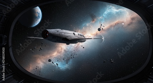 Spaceship Navigating Through Asteroid Field Near Distant Planet and Nebula.