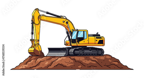 Excavator Machine on Construction Site Digging Earth with Bucket