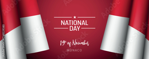 Monaco national day vector banner, greeting card. Monacan wavy flag in 19th of November national patriotic holiday horizontal design