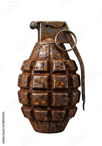 Rusted Metal Grenade with Grid Pattern and Aged Texture Isolated on White or Transparent Background