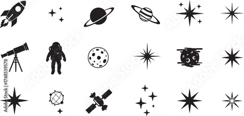Collection of hand drawn black and white doodle vector icons representing space exploration and celestial bodies